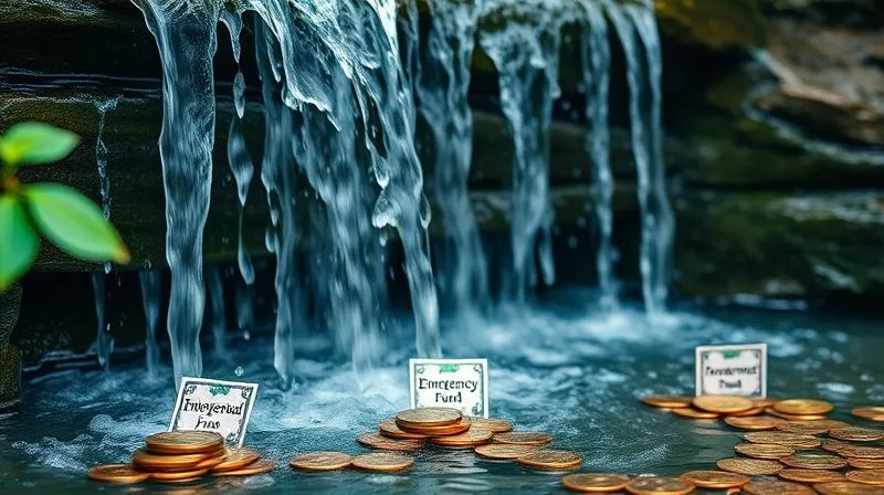 A photorealistic image of a cascading waterfall, but instead of water, streams of coins and banknotes flow down into different pools labeled with financial goals like 'Emergency Fund', 'Investments', 'Retirement'. Cinematic lighting, sharp focus on the flowing money, depth of field blurring a lush, natural background. Professional photography, 8K, shot on a high-end DSLR.
