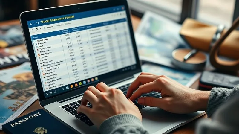 A detailed financial spreadsheet on a laptop screen, with a person's hands typing, surrounded by travel brochures and a passport. The screen shows categories like 'Conference Fees,' 'Flights,' 'Accommodation,' and 'Contingency.' Cinematic lighting, sharp focus on the screen and hands, depth of field blurring the background, 8K hyper-detailed, shot on a high-end DSLR.