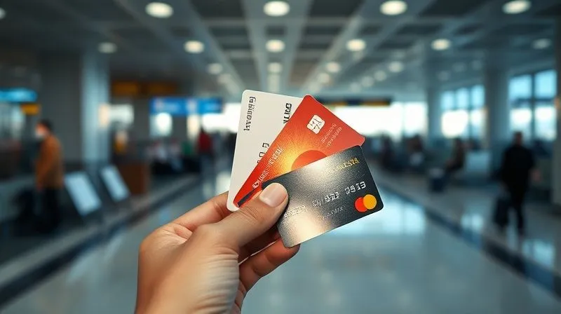 A hand holding multiple loyalty cards (airline, hotel, credit card) with a blurred background of an airport departure lounge, showcasing smart travel and financial savvy. The cards are in sharp focus, reflecting light, with a sense of excitement and efficiency. 8K, photorealistic, professional photography, cinematic lighting.
