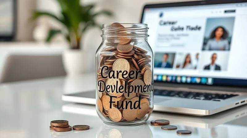 A clear glass jar labeled "Career Development Fund" overflowing with coins and currency, placed on a clean, modern desk next to a laptop displaying a professional conference website. The jar is in sharp focus, with a warm, inviting glow, depth of field blurring the laptop and background, 8K hyper-detailed, shot on a high-end DSLR.