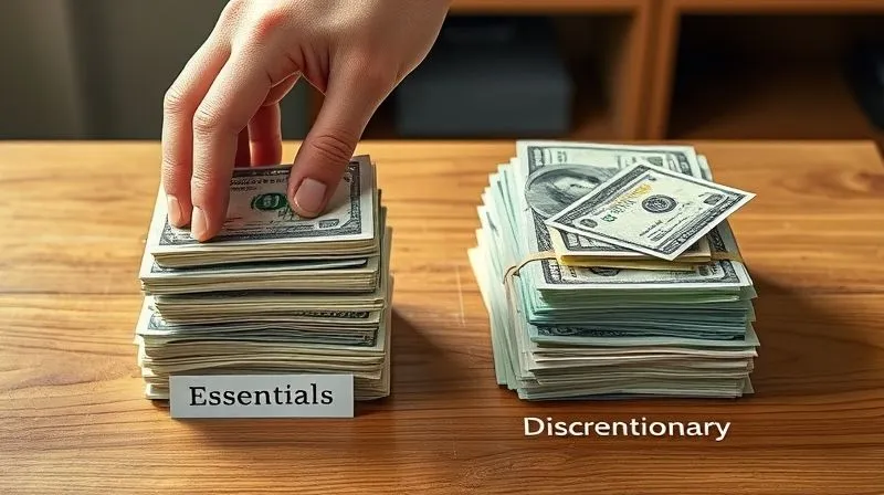 A photorealistic image of two distinct piles of money on a wooden desk. One pile is labeled 'Essentials' and is smaller but stable, composed of neatly stacked bills. The other pile is labeled 'Discretionary' and is larger but less organized, with some bills scattered. A hand is gently separating them, emphasizing careful financial planning. Cinematic lighting, sharp focus, 8K hyper-detailed, shot on a high-end DSLR.