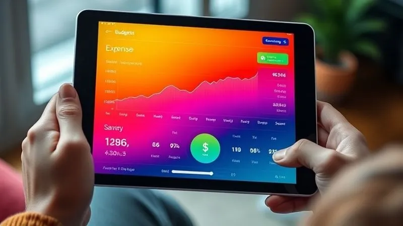 A photorealistic, sleek digital interface of a budgeting app displayed on a modern tablet, showing a dynamic graph of fluctuating income and expense categories clearly organized. The screen is vibrant with data visualizations and a prominent 'buffer' or 'savings' progress bar. Professional photography, 8K, cinematic lighting, sharp focus on the screen, depth of field blurring the hands holding the tablet. Shot on a high-end DSLR.