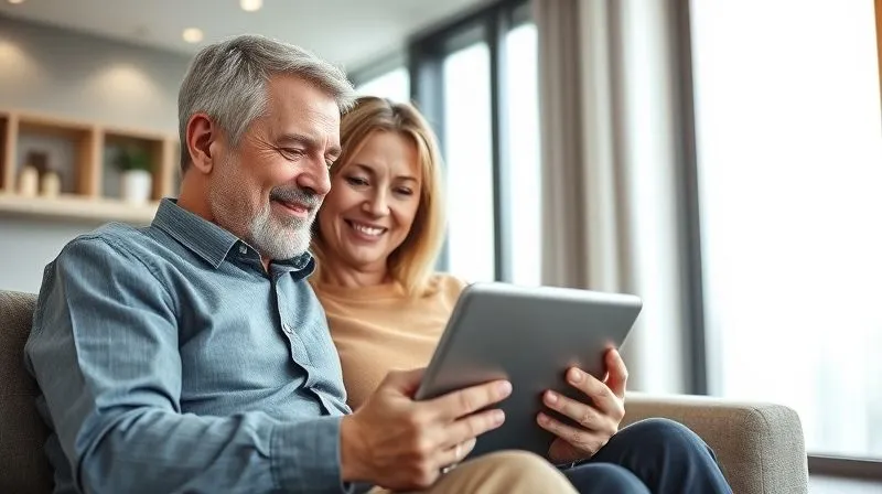 A photorealistic image of a mature professional couple looking confidently at a digital tablet displaying a rising stock market graph and retirement savings projections. They are sitting comfortably in a modern, sunlit living room, perhaps planning for their future. Cinematic lighting, sharp focus on their faces and the tablet, depth of field blurring the background. Shot on a high-end DSLR, 8K hyper-detailed.