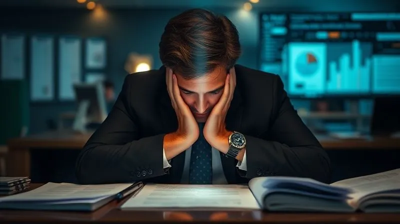 photorealistic, professional photography, 8K, cinematic lighting, sharp focus, depth of field, shot on a high-end DSLR, a well-dressed professional sitting at a desk, head in hands, surrounded by blurred financial documents, but with a ray of light illuminating their face, symbolizing hope and determination amidst overwhelm.