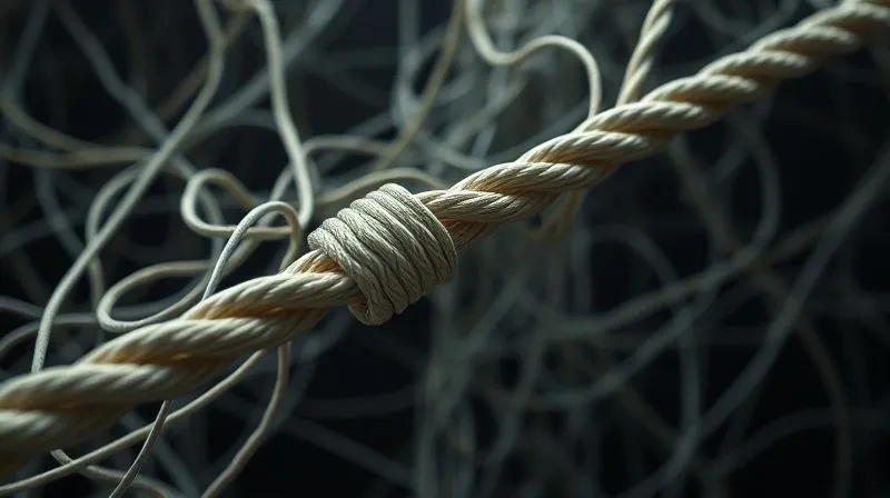 photorealistic, professional photography, 8K, cinematic lighting, sharp focus, depth of field, shot on a high-end DSLR, a complex network of intertwined financial strings or threads, gradually untangling and converging into a single, strong, clear rope, symbolizing debt consolidation and simplified financial paths.