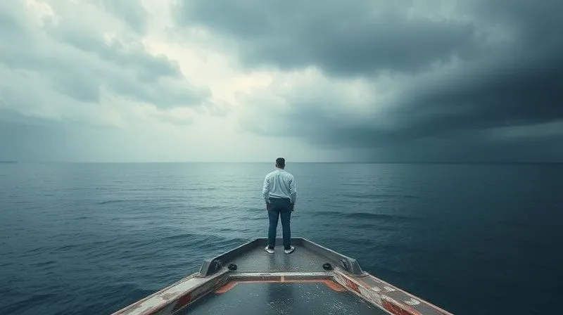 photorealistic, professional photography, 8K, cinematic lighting, sharp focus, depth of field, shot on a high-end DSLR, a person standing at the edge of a vast, calm ocean, looking towards a clear horizon after a stormy sky, symbolizing resilience, mental clarity, and hope after navigating a difficult period. Their stance is confident and reflective.