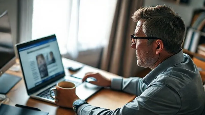 A photorealistic image of a person sitting at a desk, looking at a laptop screen displaying a government website about unemployment benefits, with a focused and slightly relieved expression. A cup of coffee and a pen are on the desk. The setting is a well-lit home office, 8K, cinematic lighting, sharp focus on the person and screen, depth of field.