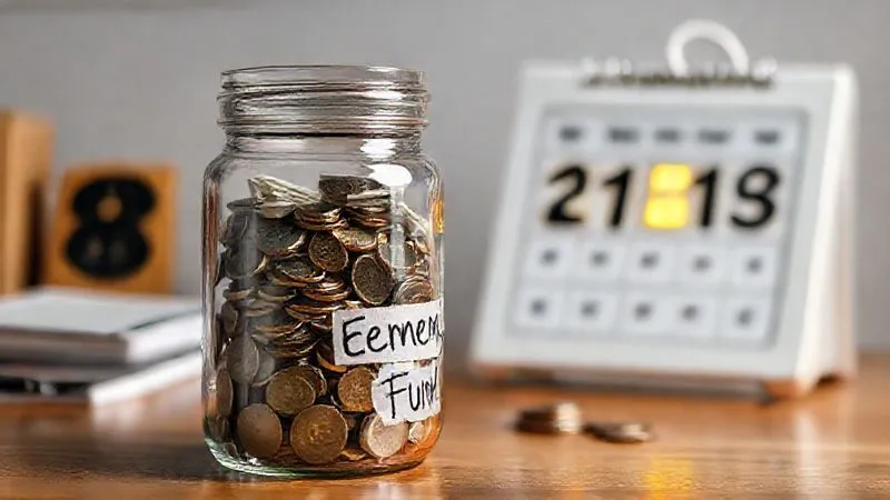 A photorealistic close-up of a stack of coins and banknotes steadily growing inside a clear glass jar labeled 'Emergency Fund', placed on a wooden desk. The background shows a calendar with a highlighted date, symbolizing consistent saving over time. Shot on a high-end DSLR, 8K, cinematic lighting, sharp focus on the jar and money, depth of field.