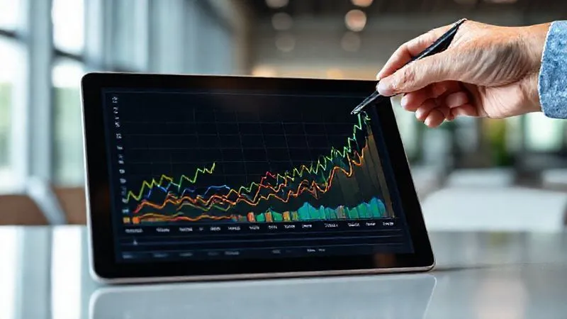 A photorealistic image of a diverse portfolio graph on a tablet screen, showing different colored lines representing various asset classes (stocks, bonds, real estate) moving upwards. A hand holds a pen, pointing at a positive trend. The background is a modern office, 8K, cinematic lighting, sharp focus on the tablet, depth of field.
