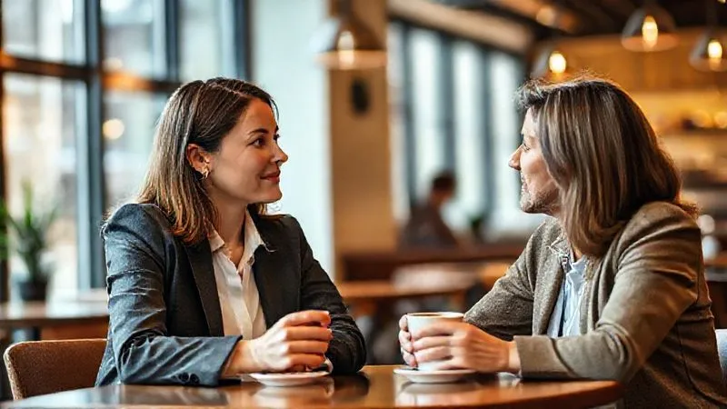 A photorealistic image of two professionals, one looking empathetic and the other listening intently, sharing a coffee at a bright, modern cafe. They are engaged in a supportive conversation, symbolizing professional networking and emotional support during a challenging time. Shot on a high-end DSLR, 8K, cinematic lighting, sharp focus on their faces, depth of field.