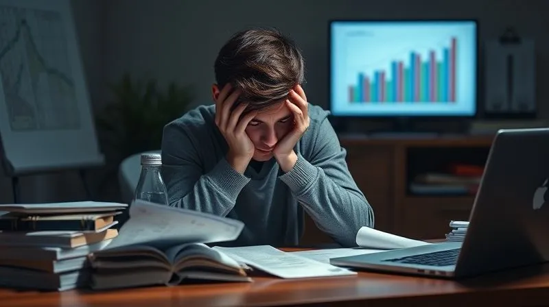 Photorealistic image of a stressed student sitting at a desk, head in hands, surrounded by bills, textbooks, and a laptop displaying financial figures. The lighting is dim and casts long shadows, emphasizing feelings of overwhelm. 8K, professional photography, sharp focus on the student's expression, depth of field blurring the background, shot on a high-end DSLR.