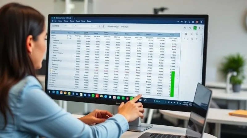 Photorealistic image of a student and a financial mentor collaboratively organizing a digital spreadsheet on a large monitor, showing categorized income and expenses with colorful bar charts. The scene is bright and professional, conveying clarity and organization. 8K, professional photography, sharp focus on the screen and their hands, depth of field blurring the office background, shot on a high-end DSLR.
