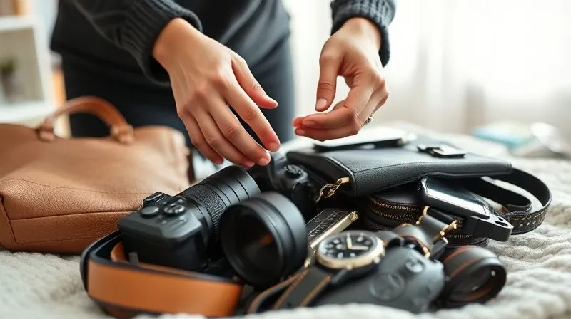 A photorealistic close-up of a person's hands sorting through a pile of items like an unused camera, a designer handbag, and a smartwatch, preparing them for sale online. The background is a clean, modern home environment, 8K, cinematic lighting, sharp focus, depth of field, shot on a high-end DSLR, evoking a sense of strategic decluttering for financial gain.