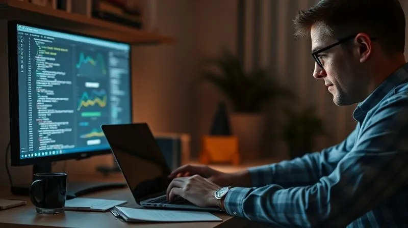 A photorealistic image of a professional, perhaps an architect or software engineer, working intensely on a laptop late at night in a home office, with a second monitor displaying code or design plans. A half-empty coffee mug and notes are scattered around, emphasizing focused effort and dedication to a side hustle. Cinematic lighting, sharp focus on the professional, depth of field blurring the background, 8K hyper-detailed.
