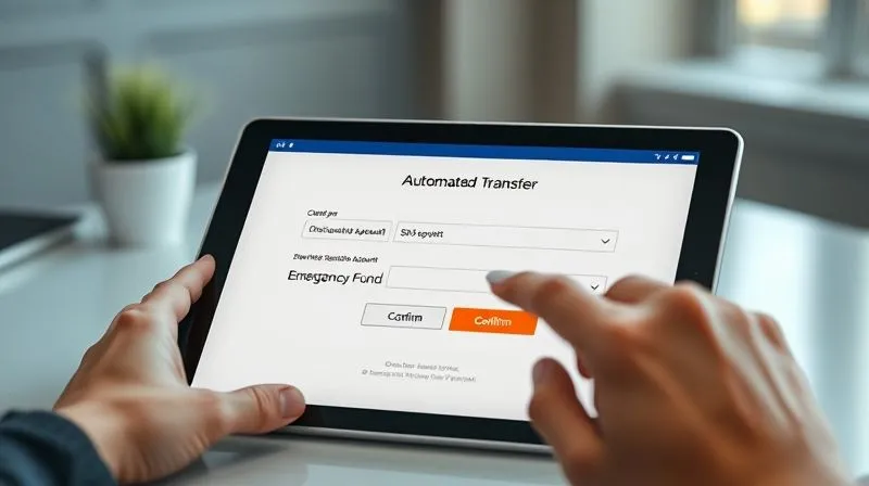 A photorealistic image of a sleek digital banking interface on a tablet, clearly showing a recurring automated transfer being set up from a checking account to a savings account labeled 'Emergency Fund'. A hand with a stylus is tapping the 'Confirm' button. The background is a blurred, modern, minimalist desk. 8K, cinematic lighting, sharp focus on the screen, depth of field, shot on a high-end DSLR.