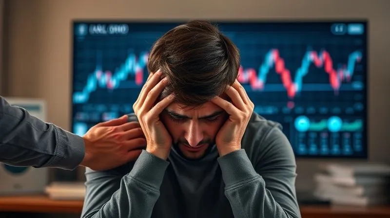 photorealistic, professional photography, 8K, cinematic lighting, sharp focus, depth of field, shot on a high-end DSLR. A person looking stressed and anxious, holding their head in their hands while watching a volatile stock market graph on a screen, with a calm, reassuring hand gently placed on their shoulder from behind. The scene conveys empathy and support amidst financial uncertainty.