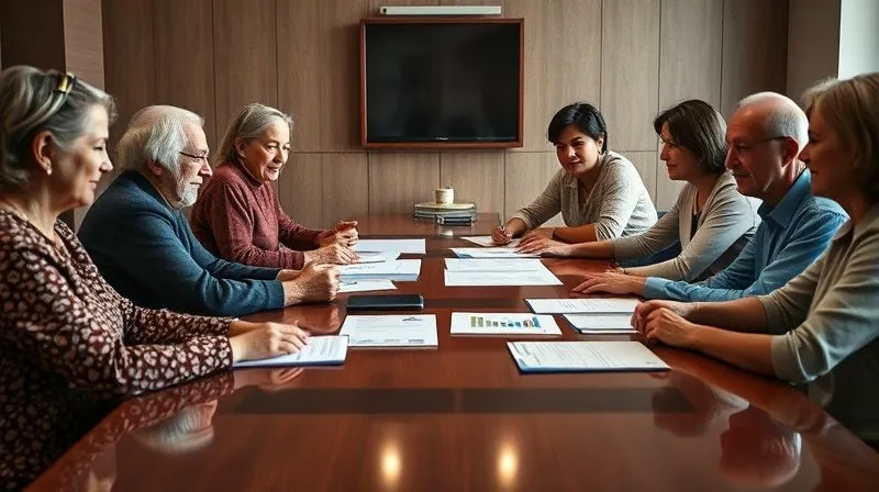 A photorealistic image of a diverse multi-generational family (grandparents, parents, adult children) gathered around a large, polished conference table, engaged in serious yet harmonious discussion. Documents and financial charts are subtly visible, and a professional advisor is facilitating. 8K, cinematic lighting, sharp focus on faces, depth of field.