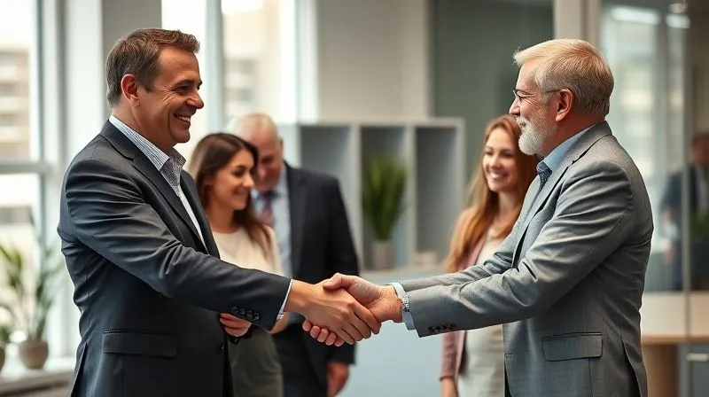 A photorealistic image of a seasoned wealth manager (40s-50s, professional attire) shaking hands warmly with a multi-generational family (father, daughter, grandson) in a modern, well-lit office. Trust and confidence are evident in their expressions, symbolizing a strong, lasting partnership. 8K, cinematic lighting, sharp focus, depth of field.