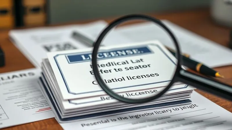 A photorealistic, professional photography, 8K, cinematic lighting, sharp focus, depth of field, shot on a high-end DSLR, depicting a stack of various professional licenses (medical, legal, financial) on a desk, with a magnifying glass hovering over one, symbolizing scrutiny and oversight. The background is slightly blurred, showing legal documents and a pen.