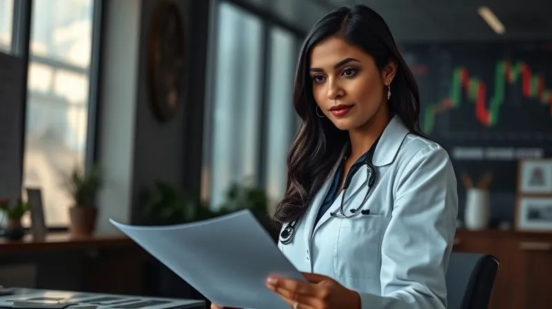 A photorealistic, professional photography, 8K, cinematic lighting, sharp focus, depth of field, shot on a high-end DSLR, depicting a female doctor (Dr. Anya Sharma) in a professional setting, looking composed and confident while reviewing documents. A subtle visual metaphor of a lifeline or bridge appearing from a turbulent financial background to a stable professional future.