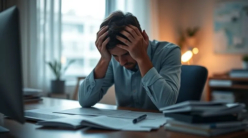 A photorealistic, professional photography, 8K, cinematic lighting, sharp focus, depth of field, shot on a high-end DSLR, depicting a person sitting at a desk, head in hands, surrounded by blurred financial documents, with a subtle, glowing light of hope emanating from a window or a small plant, symbolizing resilience and finding support amidst stress.