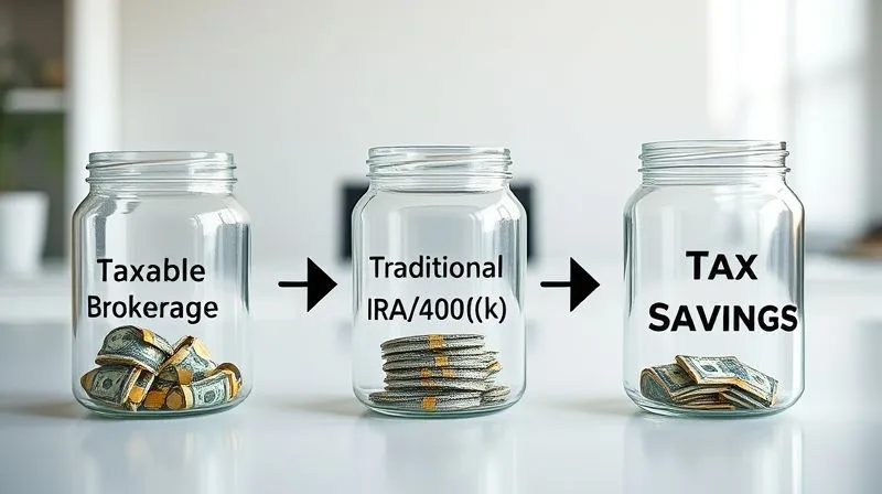 A photorealistic diagram showing three distinct money jars labeled 'Taxable Brokerage', 'Traditional IRA/401(k)', and 'Roth IRA'. Arrows indicate a strategic flow of withdrawals from these jars, with a 'Tax Savings' label prominently highlighted at the end. The background is a clean, modern desk. 8K, cinematic lighting, sharp focus, depth of field. Shot on a high-end DSLR.