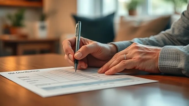 A photorealistic image of a senior hand writing a check to a charity, with a financial statement showing 'IRA Distribution' and 'QCD' labels on a table. The background is a blurred, warm home setting. 8K, cinematic lighting, sharp focus on the hands and documents, depth of field. Shot on a high-end DSLR.