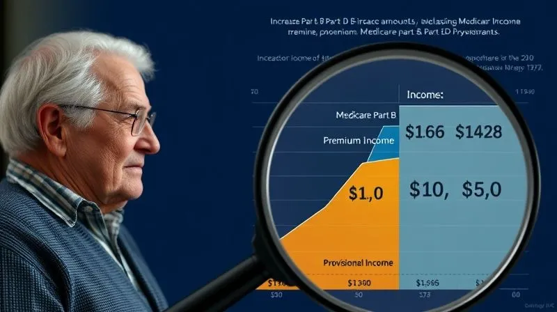 A photorealistic, detailed infographic showing a ladder of income tiers, each with increasing Medicare Part B and Part D premium amounts. A magnifying glass highlights the 'Provisional Income' calculation at the base of the ladder, with a senior couple looking thoughtfully at the chart. 8K, cinematic lighting, sharp focus, depth of field. Shot on a high-end DSLR.