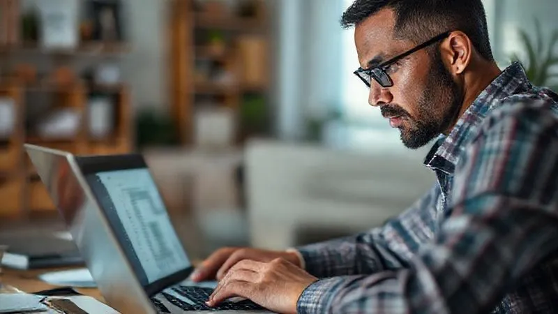 A photorealistic image of a professional, diverse individual meticulously analyzing a complex digital budget spreadsheet on a laptop, with a focused expression. The background shows a blurry but organized home office environment, emphasizing financial planning and control. Cinematic lighting, sharp focus on the screen and face, depth of field. 8K hyper-detailed, professional photography, shot on a high-end DSLR.