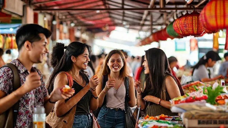 A photorealistic image of a diverse group of young professionals and digital nomads engaging with local vendors at a vibrant, bustling outdoor market in Southeast Asia. They are smiling, trying local food, and interacting authentically. The scene is full of rich colors, textures, and natural light, conveying a sense of adventure, cultural immersion, and budget-friendly travel. Sharp focus on the interactions, depth of field blurring the background market activity. 8K hyper-detailed, professional photography, shot on a high-end DSLR.