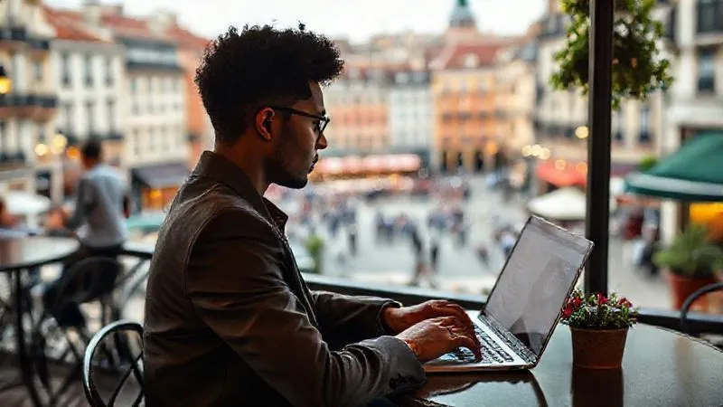 A photorealistic image of a diverse professional working remotely on a laptop from a scenic outdoor cafe overlooking a vibrant European city square. The person is focused yet relaxed, enjoying the atmosphere. The laptop screen shows a professional interface. Warm, inviting lighting, sharp focus on the person and laptop, depth of field blurring the city background. 8K hyper-detailed, professional photography, shot on a high-end DSLR.