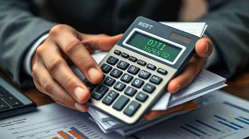 A photorealistic, professional photography, 8K, cinematic lighting, sharp focus, depth of field, shot on a high-end DSLR of a person's hands holding a calculator and a stack of financial documents, with a clear focus on the DTI ratio displayed on the calculator screen, surrounded by charts and graphs indicating income and debt. The mood is serious and analytical.