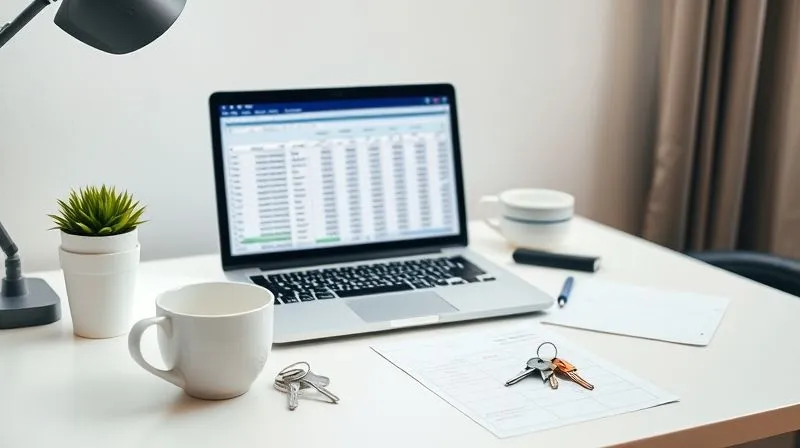 A photorealistic, professional photography, 8K, cinematic lighting, sharp focus, depth of field, shot on a high-end DSLR of a clean, modern desk with a laptop displaying a detailed budget spreadsheet. A coffee cup, a small plant, and a set of house keys are artfully arranged nearby, conveying a sense of organized financial life and homeownership.