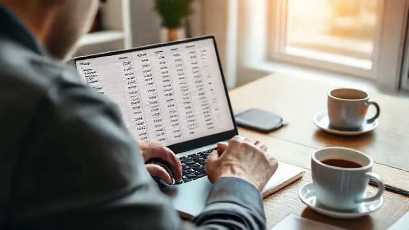 A photorealistic image of a person meticulously reviewing a financial spreadsheet on a laptop, with a calculator and coffee cup nearby, in a clean, modern home office. Focus on the screen displaying budget categories and numbers, conveying detailed financial analysis. Cinematic lighting, sharp focus, 8K hyper-detailed, shot on a high-end DSLR.