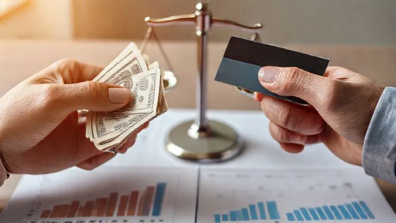 A photorealistic image of two hands, one holding a stack of cash and the other a credit card, on a financial ledger with a balanced scale in the background, symbolizing the dilemma of saving versus debt repayment. The lighting is balanced and professional, with sharp focus on the hands and scale. 8K hyper-detailed, shot on a high-end DSLR.