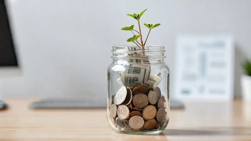 A photorealistic image of a clear glass jar, half-full with coins and bills, with a small plant growing beside it, symbolizing growth and replenishment. The background is a clean, minimalist financial desk, with soft, natural lighting, conveying a sense of calm and financial health. Sharp focus on the jar, depth of field, 8K hyper-detailed, shot on a high-end DSLR.