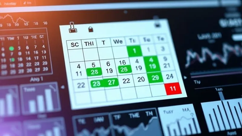 A photorealistic image of a dynamic calendar on a digital interface, highlighting flexible travel dates with significant price differences, surrounded by subtle financial charts. The interface shows green for low prices on certain days and red for high prices on others. 8K, professional photography, cinematic lighting, sharp focus, depth of field.