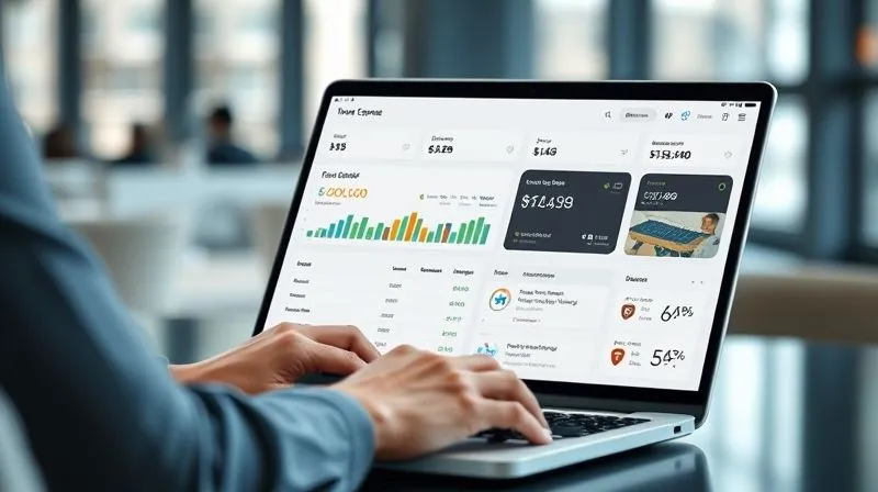 A photorealistic image of a professional using a travel expense management software on a sleek laptop, with a clear dashboard showing budget adherence, potential savings, and flagged out-of-policy expenses. The interface is modern, intuitive, and secure. 8K, professional photography, cinematic lighting, sharp focus, depth of field.