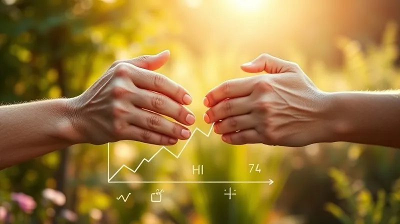 A photorealistic image of two hands, one older and one younger, clasped gently over a stylized diagram that blends financial symbols (like a rising stock chart) with health symbols (like a heart monitor line). The background is a serene, sunlit garden, symbolizing peace and longevity. Cinematic lighting, sharp focus, depth of field, 8K, shot on a high-end DSLR, conveying holistic planning.