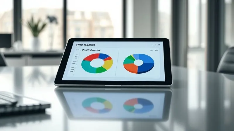 A photorealistic, professional photography image of a financial dashboard on a sleek tablet screen, displaying two prominent pie charts side-by-side. One chart represents 'Fixed Expenses' with clear, stable segments, while the other represents 'Variable Expenses' with more dynamic, uneven segments. The tablet is placed on a modern desk with a blurred background of a minimalist office, cinematic lighting, sharp focus on the screen, depth of field, 8K hyper-detailed, shot on a high-end DSLR.