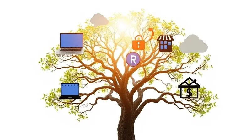 A photorealistic, professional photography image depicting a central tree with multiple branches, each branch adorned with different symbols representing diverse income streams for a small business: a laptop for online services, a small retail storefront, a payment terminal for product sales, and a cloud icon for recurring subscriptions. The tree stands against a clean, bright background, bathed in soft, natural light, sharp focus on the branches and symbols, depth of field, 8K hyper-detailed, shot on a high-end DSLR.