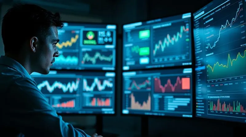A photorealistic, professional photography, 8K, cinematic lighting, sharp focus, depth of field, shot on a high-end DSLR. A sophisticated financial analyst working in a dimly lit, modern office, focused intently on multiple glowing screens displaying complex data visualizations, predictive graphs, and real-time cash flow dashboards. The analyst's face is illuminated by the screen glow, conveying deep concentration and expertise in financial forecasting.