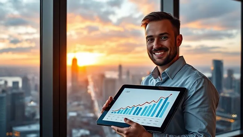 A photorealistic image of a professional at a large window overlooking a futuristic, thriving city skyline at dawn, with a confident and visionary expression. The professional is holding a tablet showing a long-term growth chart. Cinematic lighting, sharp focus on the professional's face and the tablet, depth of field blurring the city. Shot on a high-end DSLR, 8K hyper-detailed.