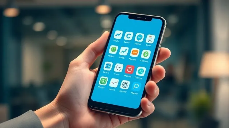 A photorealistic image of a sleek, modern smartphone displaying various financial app icons (stock charts, banking logos, budgeting interfaces) arranged neatly on the screen, held by a professional hand in a soft-focus office background. Cinematic lighting, sharp focus on the phone screen and hand, depth of field. Shot on a high-end DSLR, 8K hyper-detailed.