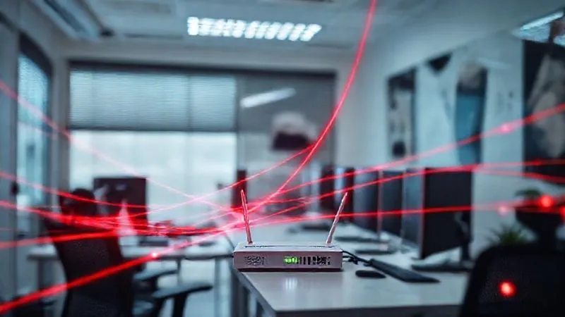 A photorealistic image of a small, modern office setting with a visible network router and several computers, an abstract digital threat represented by glowing red lines subtly weaving through the network, cinematic lighting, sharp focus on the office, depth of field blurring the background, 8K hyper-detailed, professional photography, shot on a high-end DSLR.