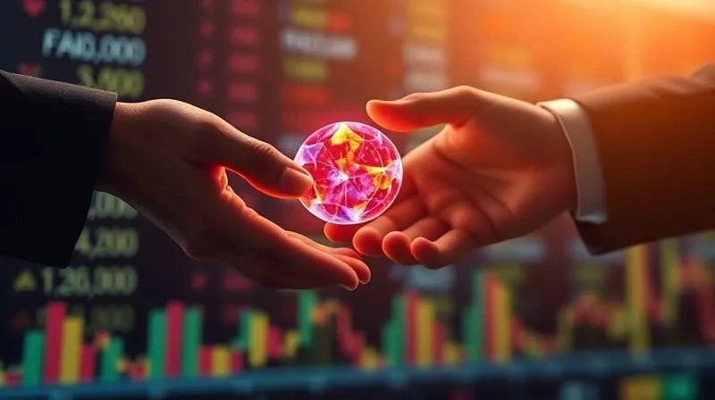 A photorealistic, professional photography, 8K, cinematic lighting, sharp focus, depth of field shot on a high-end DSLR of a vibrant, abstract digital asset (NFT) being exchanged between two stylized hands, with financial data streams flowing in the background, symbolizing a transaction with underlying value calculations.