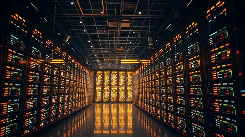 A photorealistic, professional photography, 8K, cinematic lighting, sharp focus, depth of field, shot on a high-end DSLR of a vast, illuminated data center with rows of glowing servers, symbolizing the immense volume and complexity of financial big data, with data streams flowing into a central analytical hub.