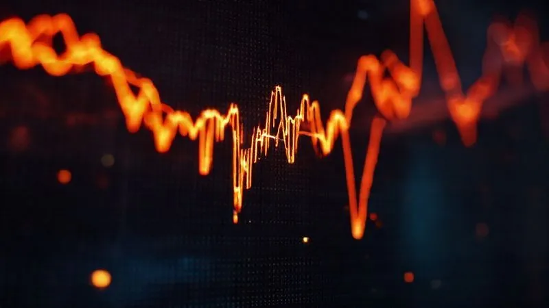 A photorealistic, professional photography, 8K, cinematic lighting, sharp focus, depth of field, shot on a high-end DSLR. An abstract representation of financial market volatility, with glowing, intertwined lines on a dark digital display, some lines sharply dropping, others spiking, conveying dynamic and unpredictable movements. Focus on the sharp contrasts and subtle shifts.