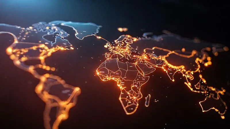A photorealistic, professional photography, 8K, cinematic lighting, sharp focus, depth of field, shot on a high-end DSLR. A stylized global map with interconnected, glowing supply chain routes, some routes appear strained or broken, while others are newly formed and robust, symbolizing resilience and diversification against geopolitical risks. Soft, dramatic lighting highlights the critical paths.