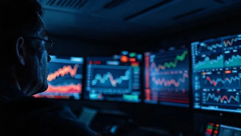 A photorealistic, professional photography, 8K, cinematic lighting, sharp focus, depth of field, shot on a high-end DSLR. A person intently studying a complex, multi-screen data display in a dimly lit control room, with various charts and graphs showing economic trends. The person's face shows deep concentration, highlighting the intellectual effort of synthesis and analysis.